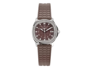 Aquanaut Luce Stainless Steel Diamond Brown watch with a chocolate brown dial, diamond bezel, and brown rubber strap.