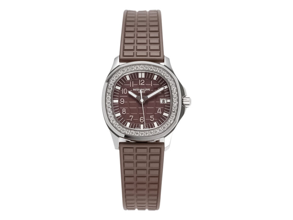 Aquanaut Luce Stainless Steel Diamond Brown watch with a chocolate brown dial, diamond bezel, and brown rubber strap.