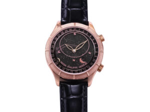 Celestial Only Watch Rose Gold with Black Dial featuring starry details, moon phase display, and black leather strap.
