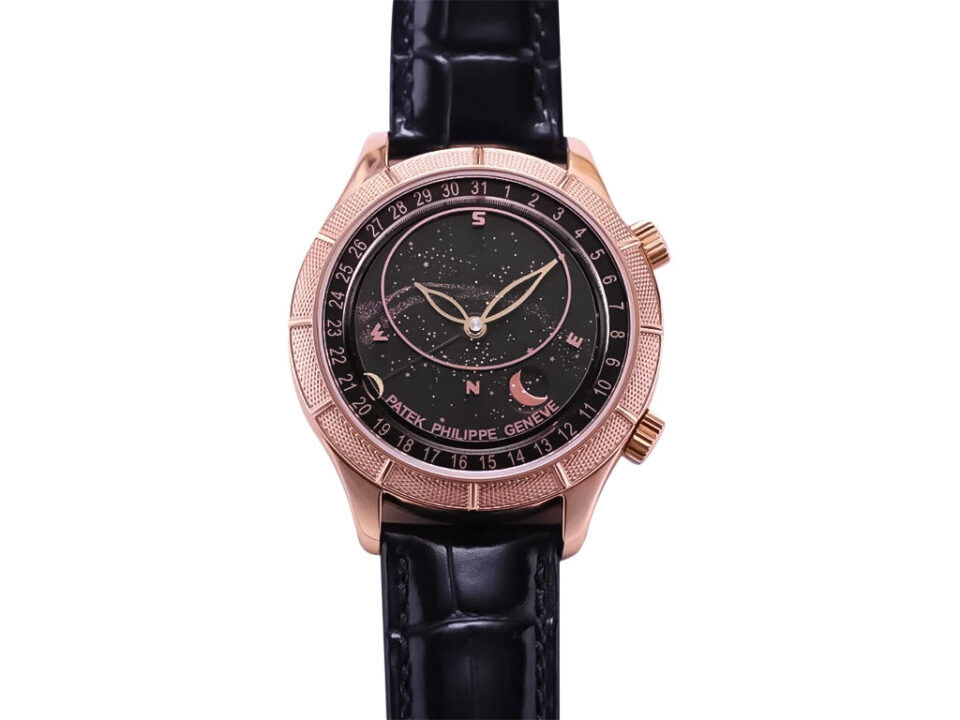 Celestial Only Watch Rose Gold with Black Dial featuring starry details, moon phase display, and black leather strap.