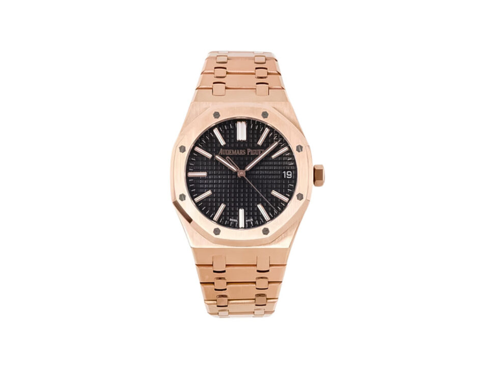 Royal Oak Pink Gold ‘50th Anniversary’ 41mm watch with black dial, clean lumed markers, and a rose gold bracelet.
