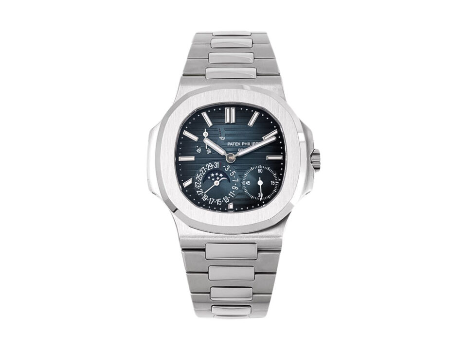 Nautilus Moonphase Stainless Steel watch with blue dial (40mm), featuring luminescent hands and a moon phase display.