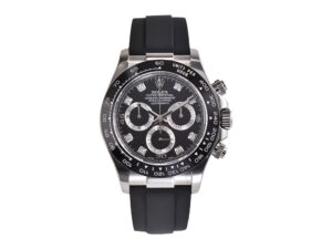 Cosmograph Daytona Stainless Steel Oysterflex watch with diamond black dial, black rubber strap, and chronograph features.