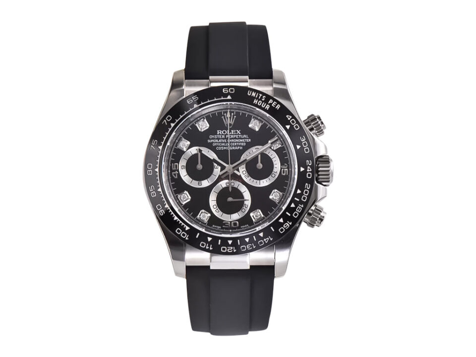 Cosmograph Daytona Stainless Steel Oysterflex watch with diamond black dial, black rubber strap, and chronograph features.