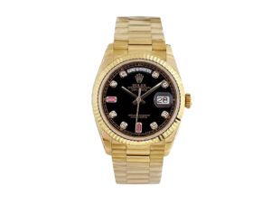 Day-Date 36 Stainless Steel 'President' watch with silver dial, diamond bezel, and gold bracelet displayed front-facing.