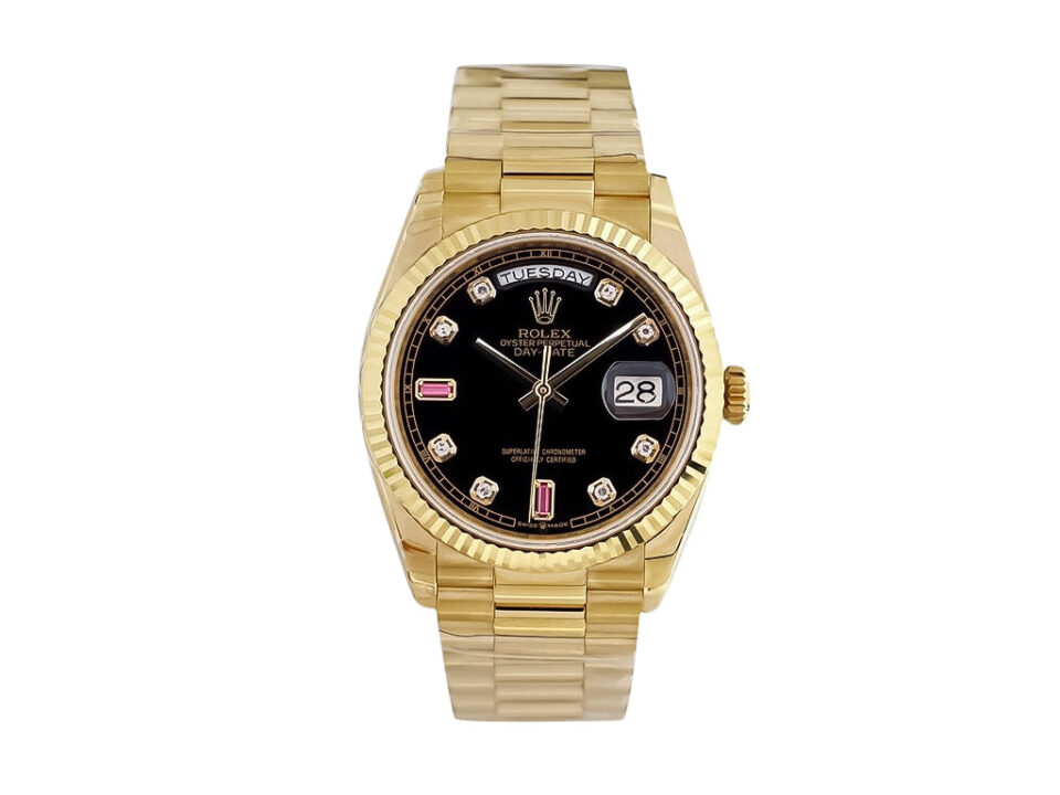 Day-Date 36 Stainless Steel 'President' watch with silver dial, diamond bezel, and gold bracelet displayed front-facing.