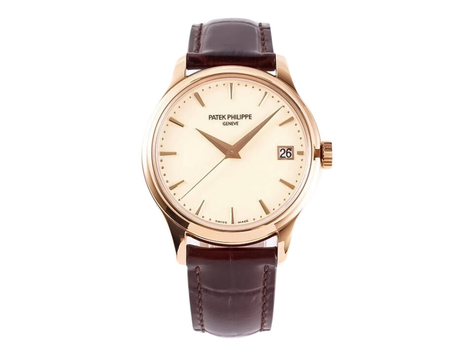 Calatrava Rose Gold watch with 39mm ivory dial, brown leather strap, and date display on the product page.