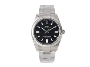 Oyster Perpetual 41 Stainless Steel watch with a sleek black dial, silver hour markers, and polished bracelet.