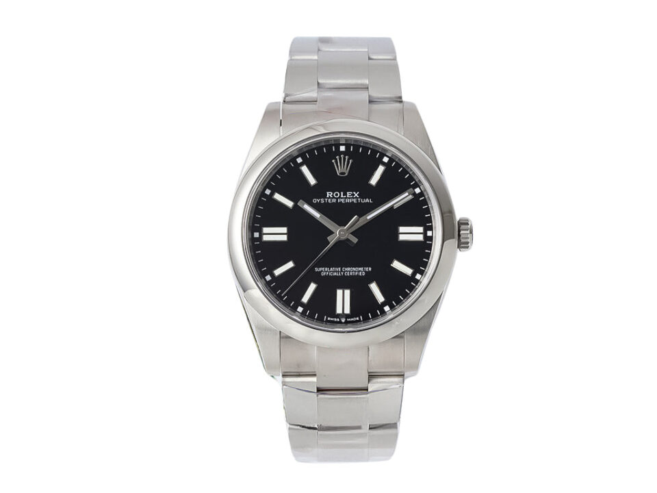 Oyster Perpetual 41 Stainless Steel watch with a sleek black dial, silver hour markers, and polished bracelet.