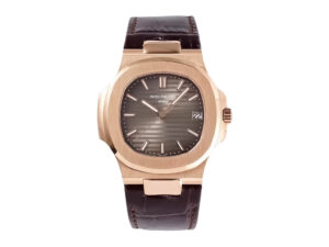Rose gold Nautilus watch with chocolate dial, leather strap, date display at 3 o'clock, and 40mm case.