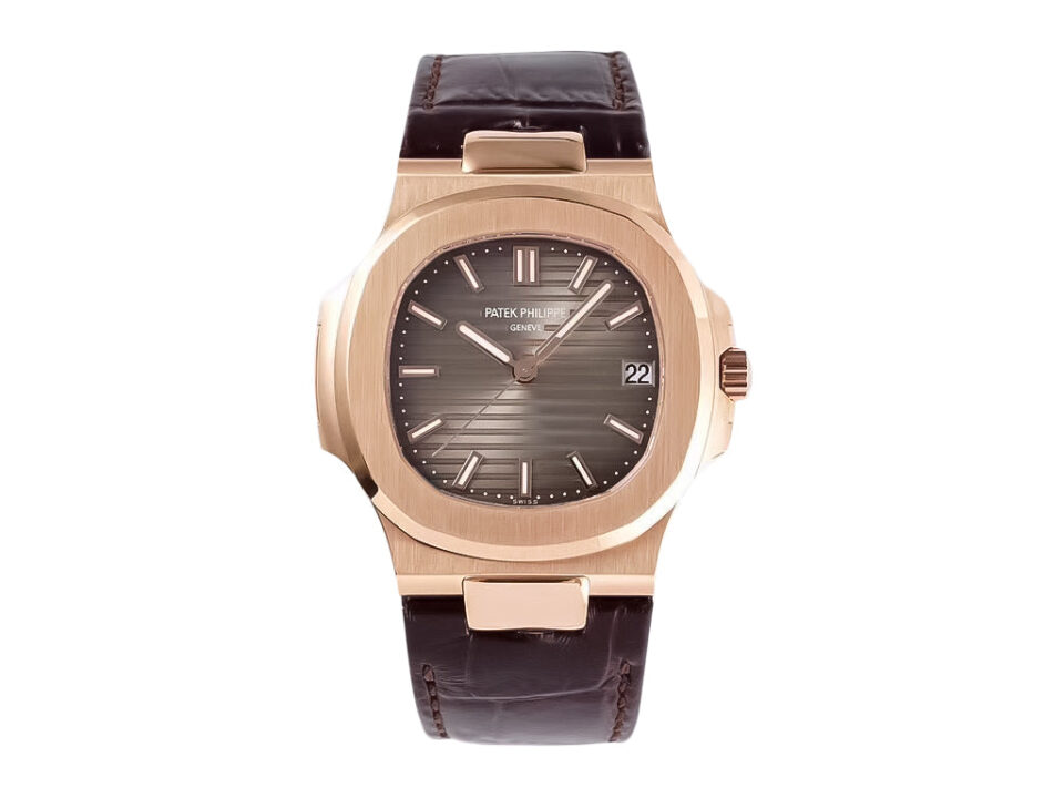 Rose gold Nautilus watch with chocolate dial, leather strap, date display at 3 o'clock, and 40mm case.