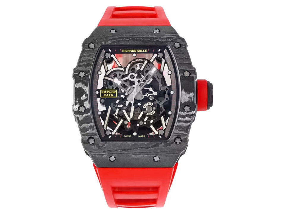 RM 35-02 Rafa watch with black bezel, red markers, skeleton dial, and red rubber strap (49mm) displayed on a product page.