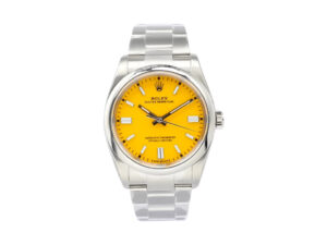 Oyster Perpetual 36 stainless steel watch with a vibrant yellow dial and polished metal bracelet, displayed front-facing.