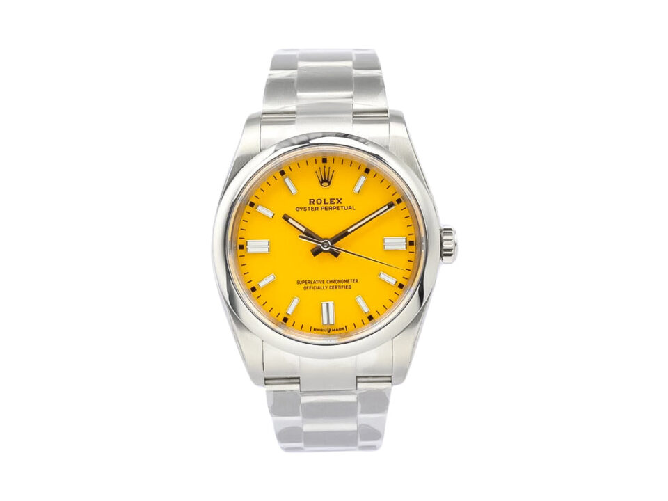 Oyster Perpetual 36 stainless steel watch with a vibrant yellow dial and polished metal bracelet, displayed front-facing.