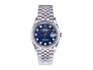 Datejust 36 Stainless Steel on Jubilee bracelet with Diamond Blue Dial and Fluted Bezel, featuring date display at 3 o'clock.