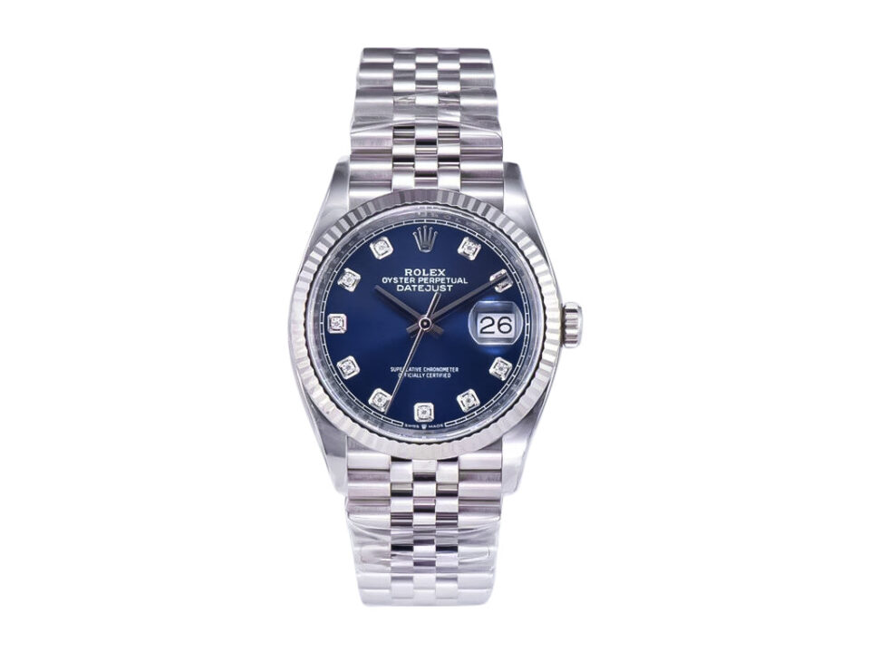 Datejust 36 Stainless Steel on Jubilee bracelet with Diamond Blue Dial and Fluted Bezel, featuring date display at 3 o'clock.