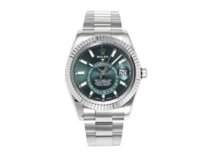 Sky-Dweller Stainless Steel watch with green dial, fluted bezel, and Oyster bracelet displayed on a product page.