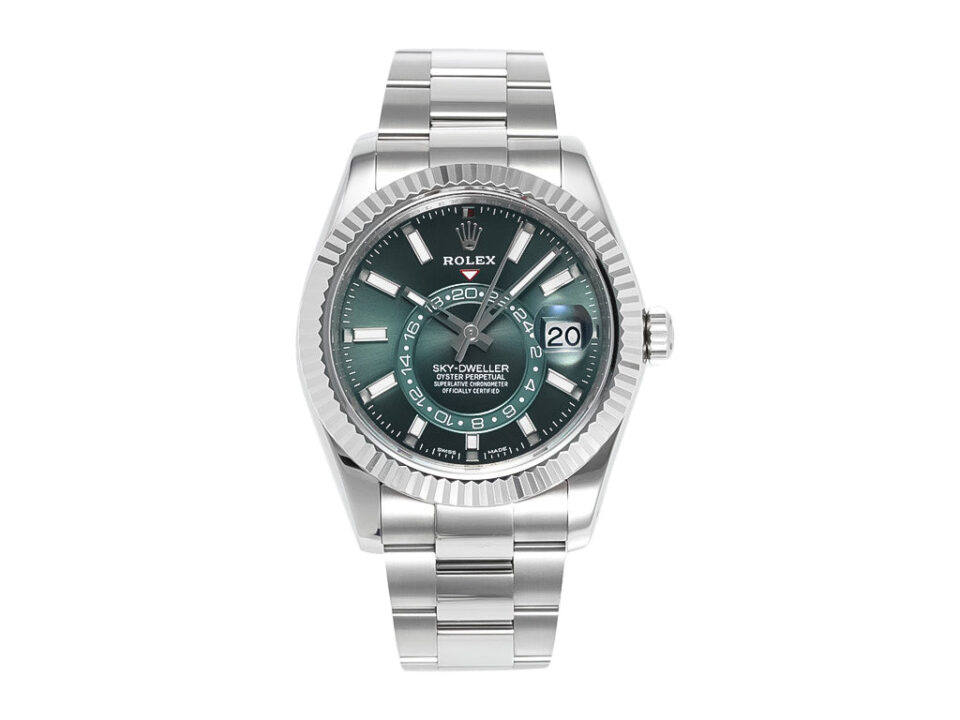 Sky-Dweller Stainless Steel watch with green dial, fluted bezel, and Oyster bracelet displayed on a product page.
