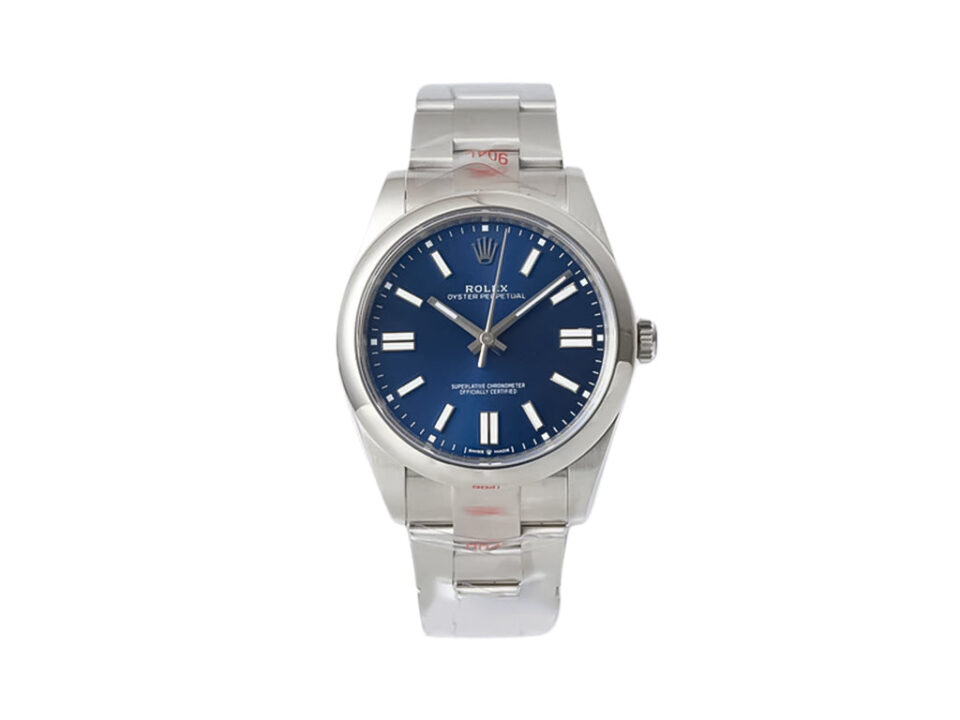 Oyster Perpetual 41 stainless steel watch with a blue dial, luminous hour markers, and a polished metal bracelet.