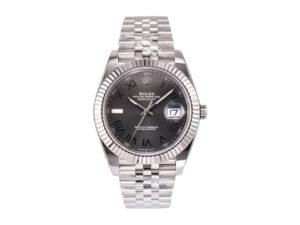 Datejust 41 Stainless Steel 'Wimbledon' with Jubilee bracelet, dark dial, Roman numerals, and fluted bezel.
