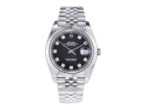 Datejust 41 Stainless Steel on Jubilee bracelet, Diamond Black Dial, and Fluted Bezel displayed on a product page.