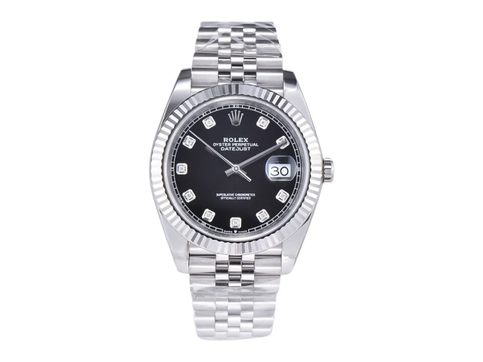 Datejust 41 Stainless Steel on Jubilee bracelet, Diamond Black Dial, and Fluted Bezel displayed on a product page.