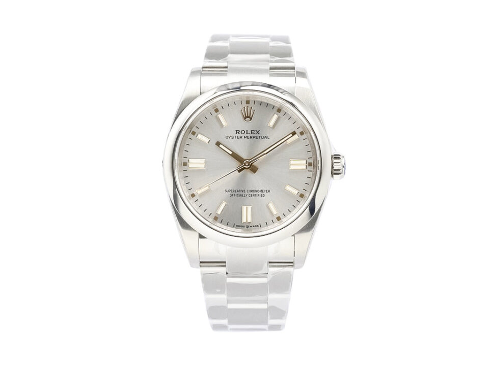 Oyster Perpetual 36 Stainless Steel watch with a silver dial, smooth bezel, and stainless steel bracelet displayed face up.
