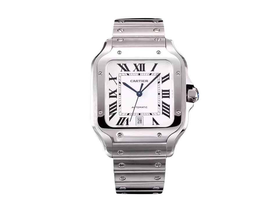 Santos Large Stainless Steel watch with white dial, Roman numerals, and 40mm case displayed on a product page.