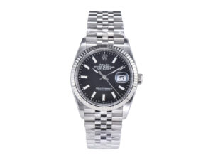 Datejust 36 Stainless Steel watch on Jubilee bracelet with black dial, fluted bezel, and date window at 3 o’clock.