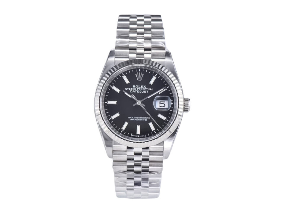 Datejust 36 Stainless Steel watch on Jubilee bracelet with black dial, fluted bezel, and date window at 3 o’clock.