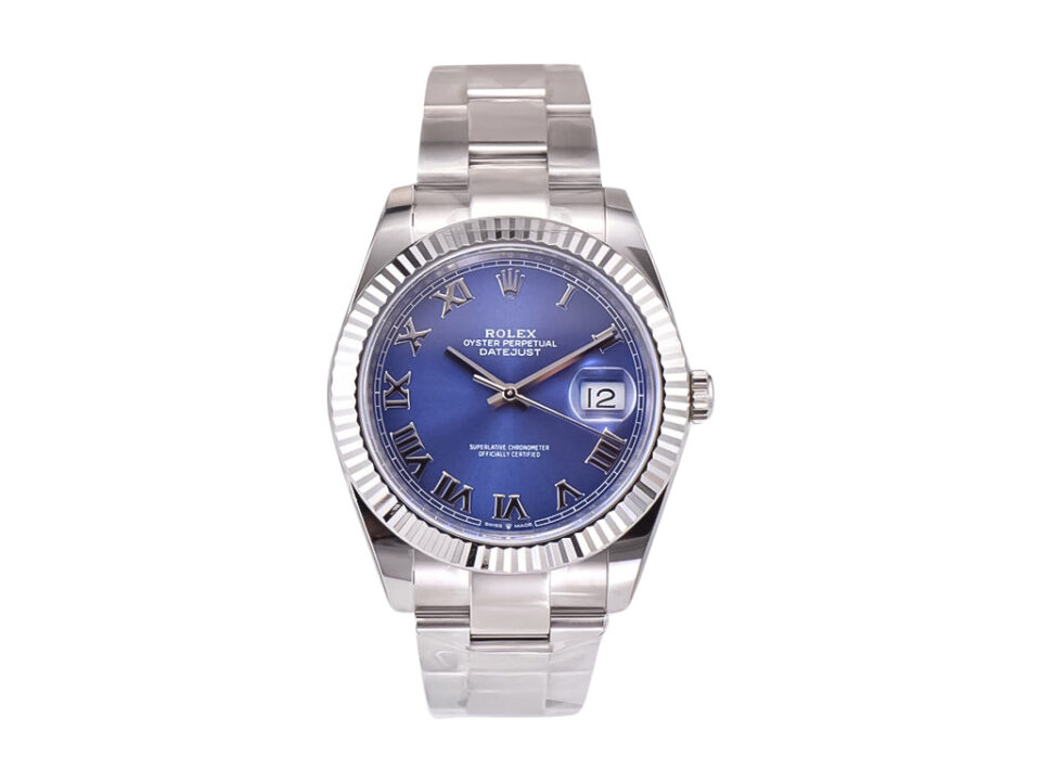 Datejust 41 Stainless Steel watch with silver dial, fluted bezel, Oyster bracelet, and Roman numeral hour markers.
