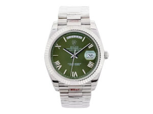 Day-Date 40 White Gold 'President' watch with green Roman numeral dial, fluted bezel, and polished bracelet.