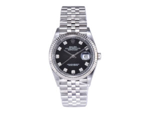 Datejust 36 Stainless Steel on Jubilee bracelet, black diamond dial, fluted bezel, and date display at 3 o'clock.