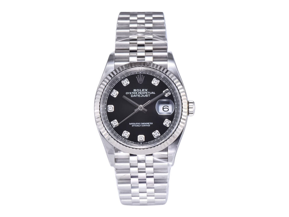 Datejust 36 Stainless Steel on Jubilee bracelet, black diamond dial, fluted bezel, and date display at 3 o'clock.