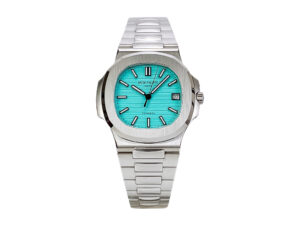 Nautilus Stainless Steel ‘Tiffany’ watch with a 40mm case and distinctive Tiffany Blue dial, sleek silver bracelet attached.