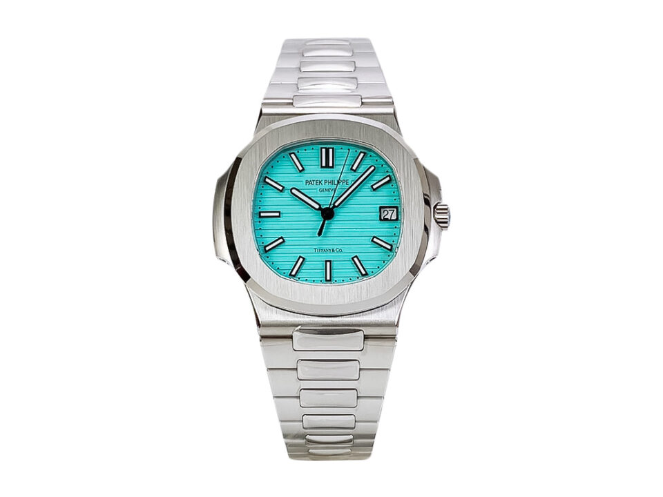 Nautilus Stainless Steel ‘Tiffany’ watch with a 40mm case and distinctive Tiffany Blue dial, sleek silver bracelet attached.