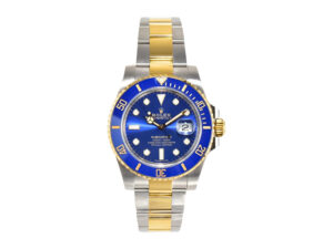 Two-tone Submariner Date watch with yellow gold and stainless steel bracelet, blue dial, and bezel displayed on product page.