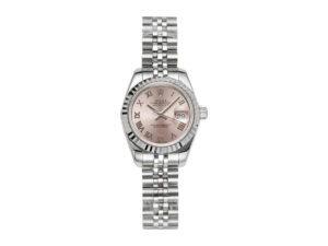 Lady-Datejust 28 in stainless steel featuring a pink Roman numeral dial, fluted bezel, and Jubilee bracelet.