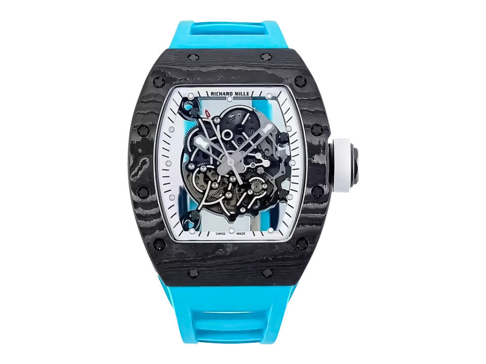 RM055 Bubba Watson watch with white dial, black bezel, visible movement details, and blue rubber strap (49mm).