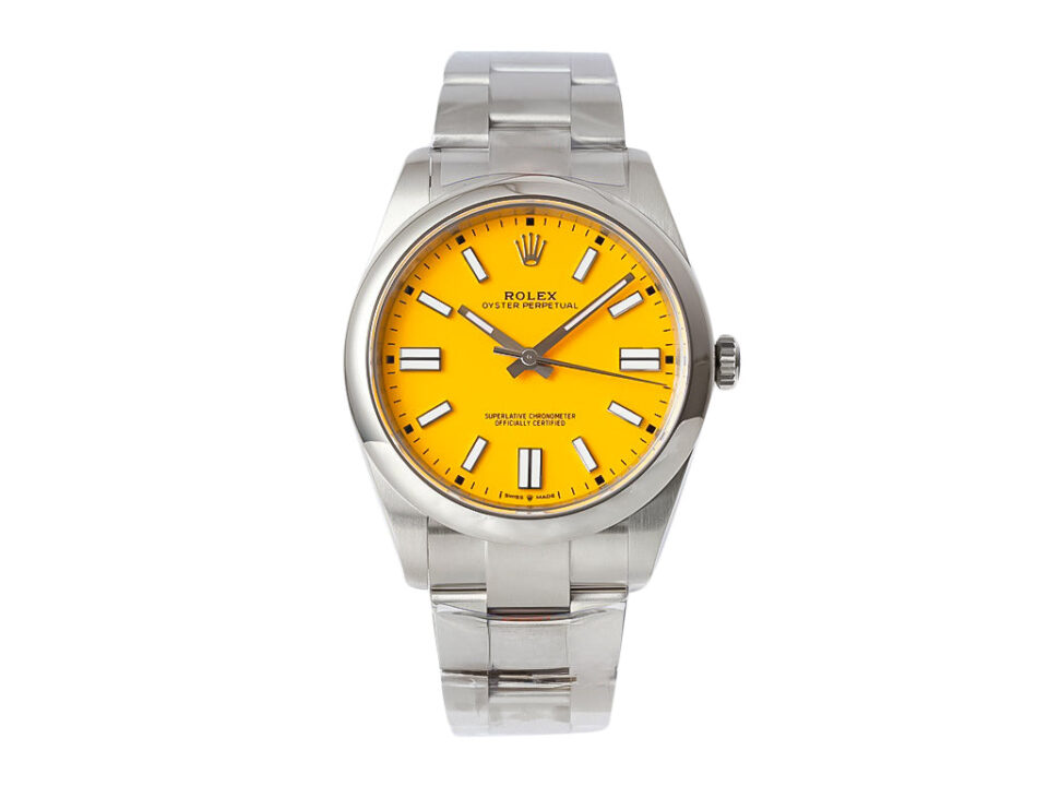 Oyster Perpetual 41 Stainless Steel watch with a bright yellow dial and silver bracelet, displayed front-facing.