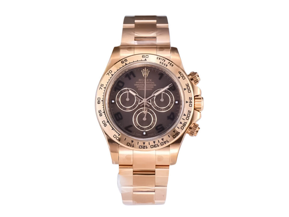 Cosmograph Daytona Rose Gold with Chocolate Dial and Arabic Numerals, featuring a sleek oyster strap design.