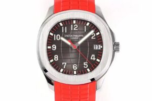 Aquanaut Stainless Steel 'Singapore' watch with black dial, 40mm case, and vibrant red strap showcased on a product page.