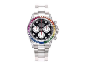 Cosmograph Daytona Stainless Steel ‘Rainbow’ with Diamond Bezel, showcasing a black dial and rainbow sapphire accents.