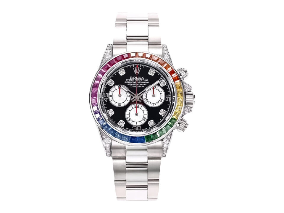 Cosmograph Daytona Stainless Steel ‘Rainbow’ with Diamond Bezel, showcasing a black dial and rainbow sapphire accents.