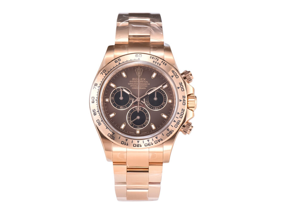 Cosmograph Daytona Rose Gold watch with chocolate dial, featuring a polished rose gold bracelet and three subdials.