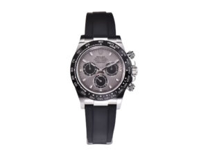 Cosmograph Daytona Stainless Steel Oysterflex watch with grey sunburst dial and black bezel, displayed front-facing.