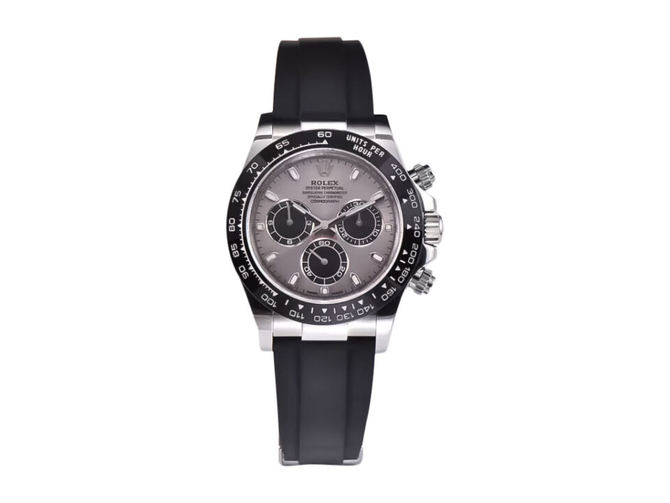 Cosmograph Daytona Stainless Steel Oysterflex watch with grey sunburst dial and black bezel, displayed front-facing.