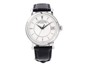 Calatrava Stainless Steel watch with 38mm silver guilloche dial, black leather strap, and date display at 3 o’clock.