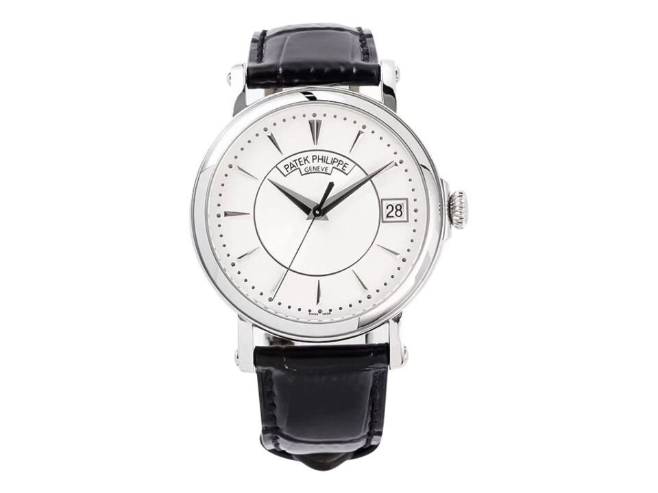 Calatrava Stainless Steel watch with 38mm silver guilloche dial, black leather strap, and date display at 3 o’clock.