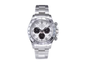 Cosmograph Daytona Stainless Steel watch with white dial, Arabic numerals, and silver bracelet displayed upright.
